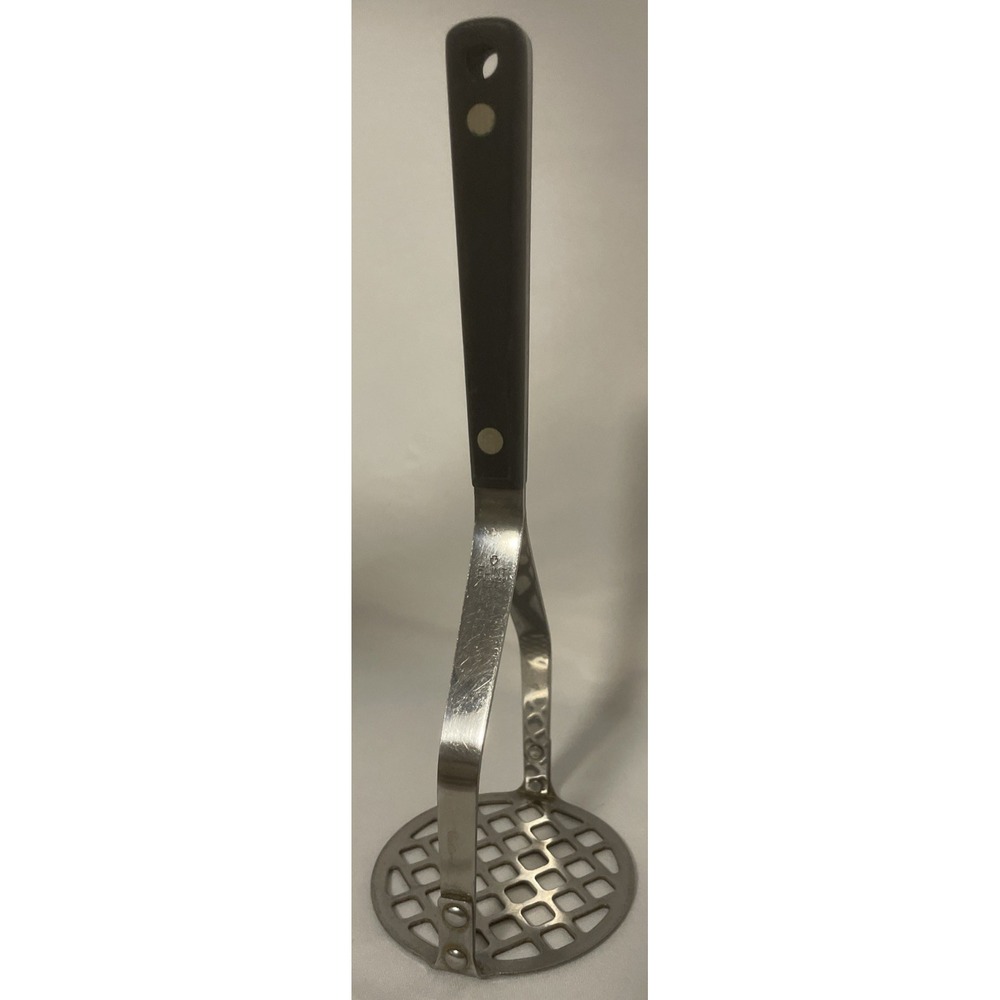 Vintage Flint Arrowhead Potato Masher Stainless USA Black Handle Mid Century